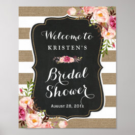 Rustikales Burlap Streifen Floral Brautparty Zeich Poster
