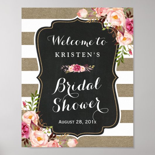 Rustikales Burlap Streifen Floral Brautparty Zeich Poster (Vorne)