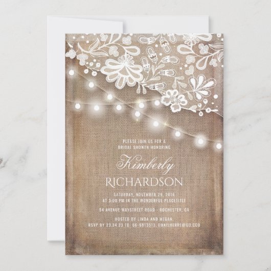 Rustikales Burlap String Lights Lace Brautparty Einladung (Vorderseite)
