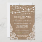 Rustikales Burlap String Lights Lace Brautparty Einladung (Vorderseite)
