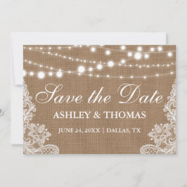 Rustikales Burlap-String-Lights Save the Date