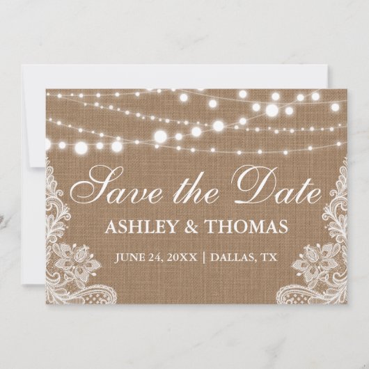 Rustikales Burlap-String-Lights Save the Date (Vorderseite)