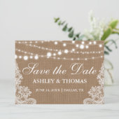 Rustikales Burlap-String-Lights Save the Date (Stehend Vorderseite)