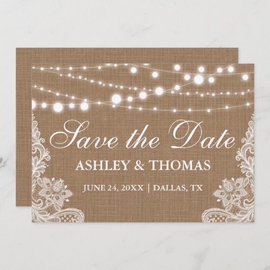 Rustikales Burlap-String-Lights Save the Date (Vorne/Hinten)