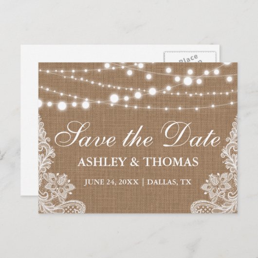Rustikales Burlap-String-Lights Save the Date Ankündigungspostkarte (Vorne/Hinten)