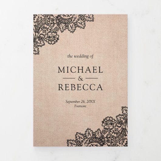 Rustikales Burlap- und Black Lace-Hochzeitssemble- Dreifach Gefaltete Einladung (Cover)