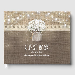 Rustikales Burlap und Gipskraut Mason Jar Wedding Gästebuch