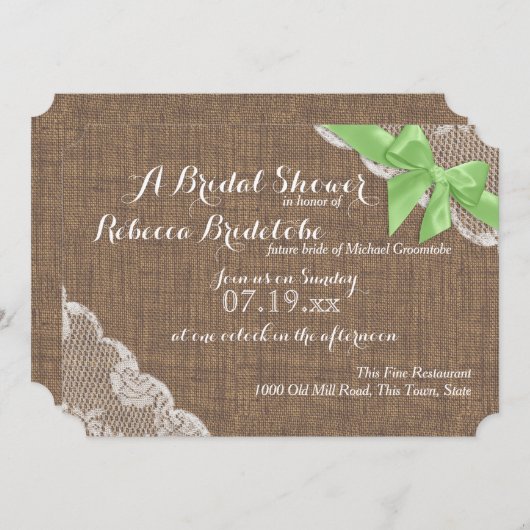 Rustikales Burlap- und Lace Green Bow-Brautparty Einladung (Vorne/Hinten)