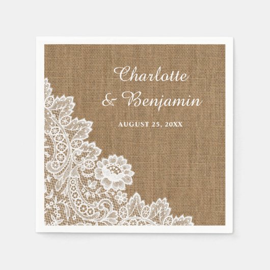 Rustikales Burlap und Lace Wedding Napkins Serviette (Vorderseite)