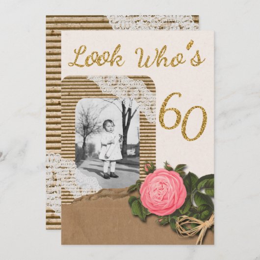 Rustikales Burlap- und Spitzen-Rose 60th Birthday Einladung (Vorne/Hinten)