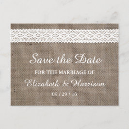 Rustikales Burlap und Vintage weiße Leine Save the Ankündigungspostkarte