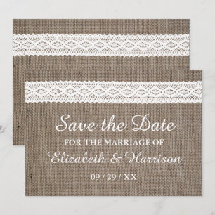 Rustikales Burlap und Vintage weiße Leine Save the Date
