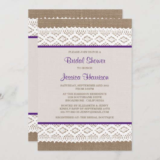 Rustikales Burlap & Vintages White Lace Brautparty Einladung (Vorne/Hinten)