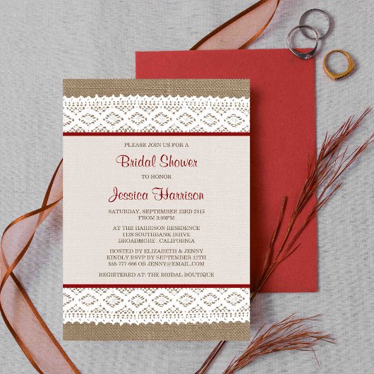 Rustikales Burlap & Vintages White Lace Brautparty Einladung