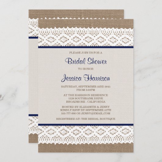 Rustikales Burlap & Vintages White Lace Brautparty Einladung (Vorne/Hinten)