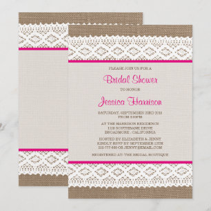 Rustikales Burlap & Vintages White Lace Brautparty Einladung