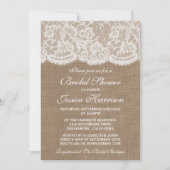 Rustikales Burlap & Vintages White Lace Brautparty Einladung (Vorderseite)