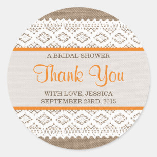 Rustikales Burlap & Vintages White Lace Brautparty Runder Aufkleber