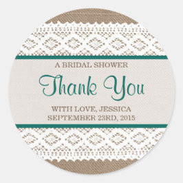 Rustikales Burlap & Vintages White Lace Brautparty Runder Aufkleber