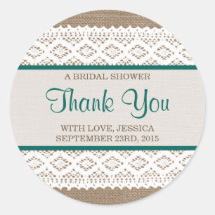 Rustikales Burlap & Vintages White Lace Brautparty Runder Aufkleber