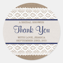 Rustikales Burlap & Vintages White Lace Brautparty Runder Aufkleber