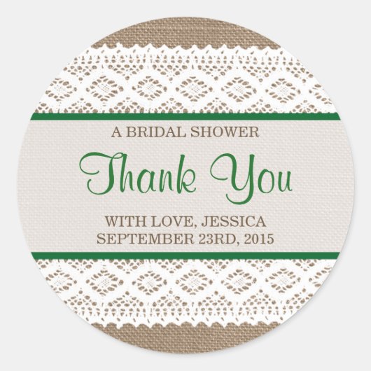 Rustikales Burlap & Vintages White Lace Brautparty Runder Aufkleber (Vorderseite)