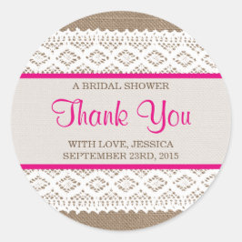 Rustikales Burlap & Vintages White Lace Brautparty Runder Aufkleber