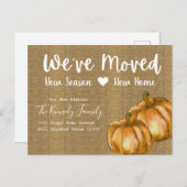 Rustikales Burlap Wasserfarbe Pumpkin Fall Moving Ankündigungspostkarte (Vorne/Hinten)