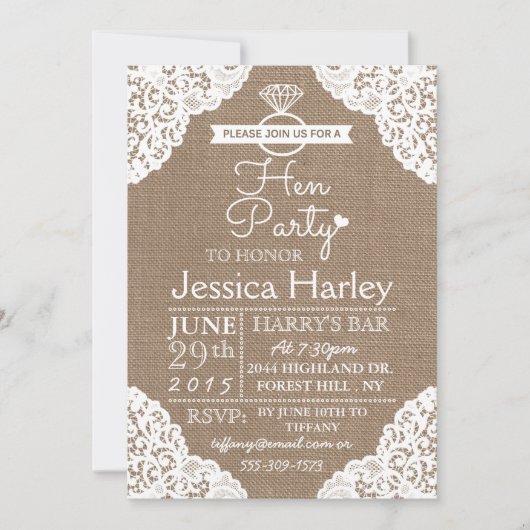 Rustikales Burlap & White Lace Hen Party Einladung (Vorderseite)