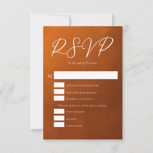 Rustikales Burnt Orange Boho Hochzeitsessen - Opti RSVP Karte (Vorderseite)