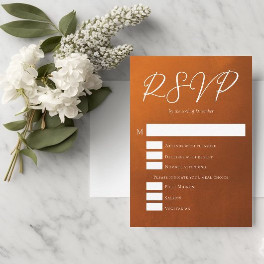 Rustikales Burnt Orange Boho Hochzeitsessen - Opti RSVP Karte