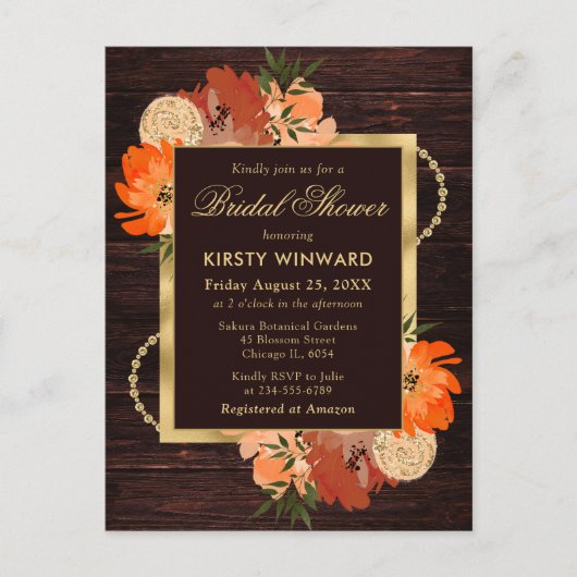 Rustikales Burnt Orange Fall Blume Brautparty Postkarte (Vorderseite)