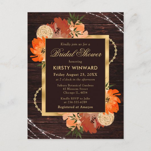 Rustikales Burnt Orange Fall Blume Brautparty Postkarte (Vorderseite)