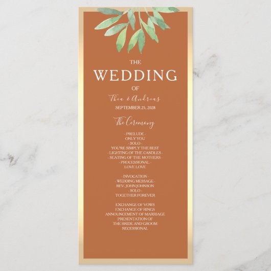 Rustikales Burnt Orange Hochzeitsprogramm Programm (Vorderseite)