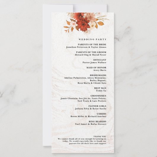 Rustikales Burnt Orange Terracotta Hochzeitsprogra (Rückseite)