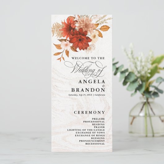 Rustikales Burnt Orange Terracotta Hochzeitsprogra (Stehend Vorderseite)