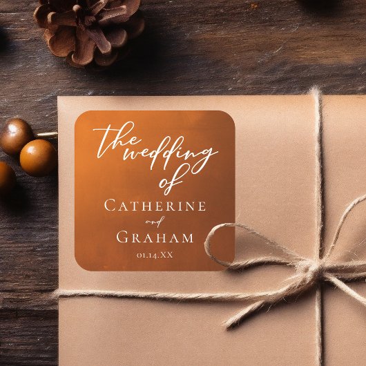 Rustikales Burnt Orange Typografie Boho Wedding Quadratischer Aufkleber