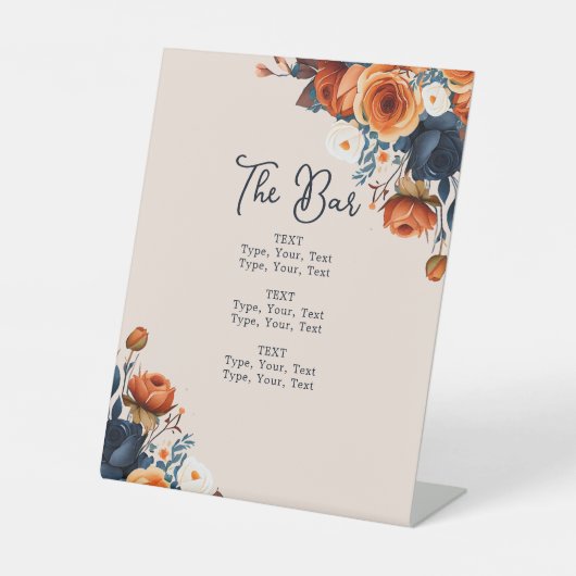 Rustikales Burnt Orange und Blue Wedding Bar Menu Sockelschild (Vorderseite)