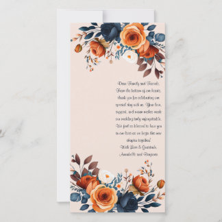 Rustikales Burnt Orange und Blue Wedding Lesezeich Dankeskarte
