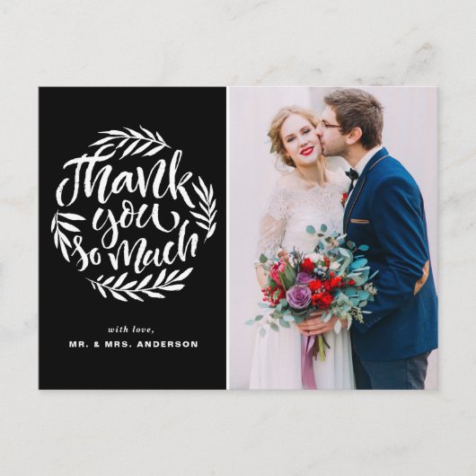 Rustikales Calligrafy Wreath Black Wedding Foto Postkarte (Vorderseite)