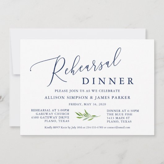Rustikales Calligraphy Greenery Navy Probe Dinner Einladung (Vorderseite)