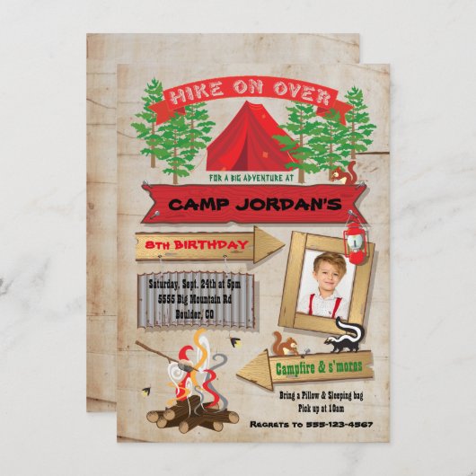 Rustikales Camping Geburtstagsparty Foto Einladung (Vorne/Hinten)