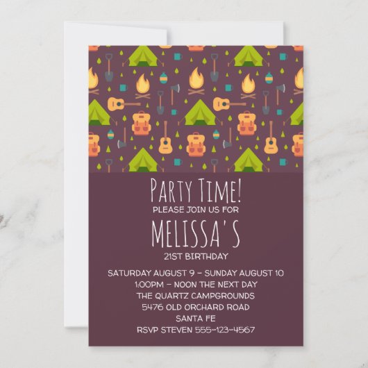 Rustikales Camping Muster Zelte und Gitarren Gebur Einladung (Vorderseite)