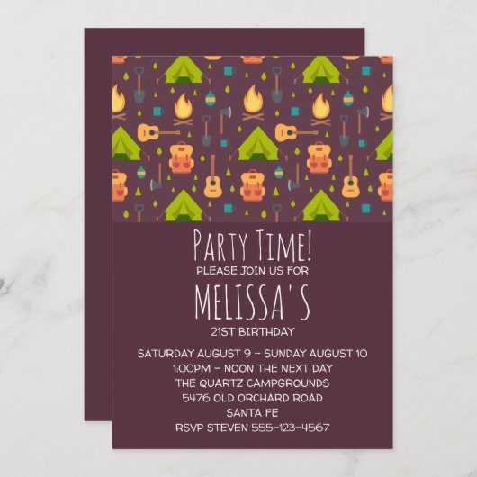 Rustikales Camping Muster Zelte und Gitarren Gebur Einladung (Vorne/Hinten)