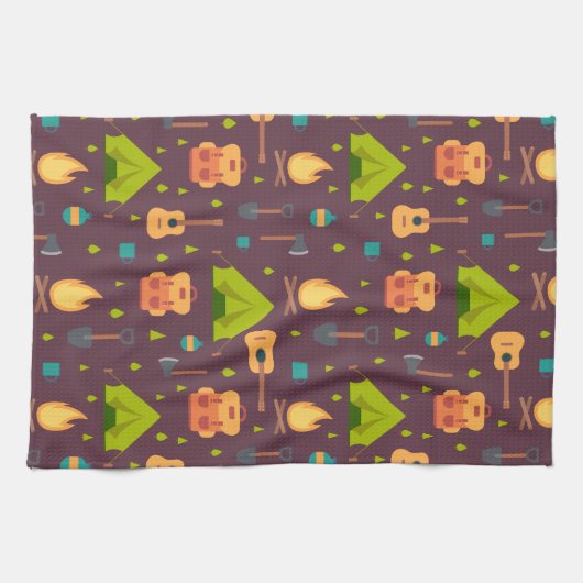Rustikales Camping Muster Zelte und Gitarren Geschirrtuch (Horizontal)
