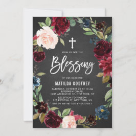 Rustikales Chalkboard Burgund Blumenreath Segen Einladung