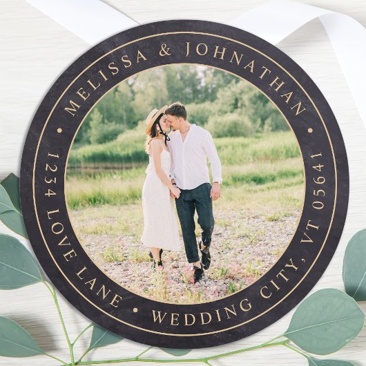 Rustikales Chalkboard-Foto-Rückgabeadresse Runder Aufkleber