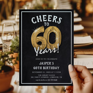 Rustikales Chalkboard Gold Balloons 60. Geburtstag Einladung