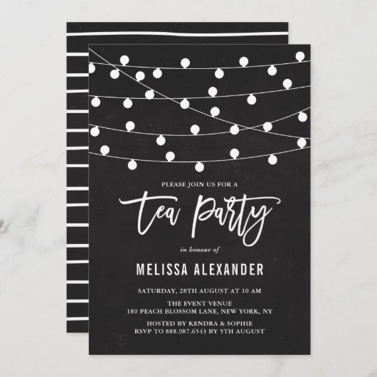 Rustikales Chalkboard Hanging String Lights Tee Pa Einladung (Vorne/Hinten)