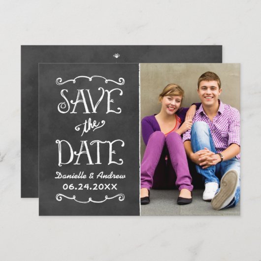Rustikales Chalkboard-Hochzeitssemble - Foto Save  Ankündigungspostkarte (Vorne/Hinten)